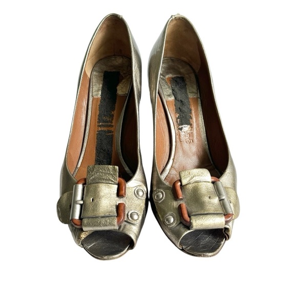 CHLOE Y2K Wedge Heels Shoes Metallic Gold Patent Leather Peep Toe Womens 39 9 - Picture 2 of 14